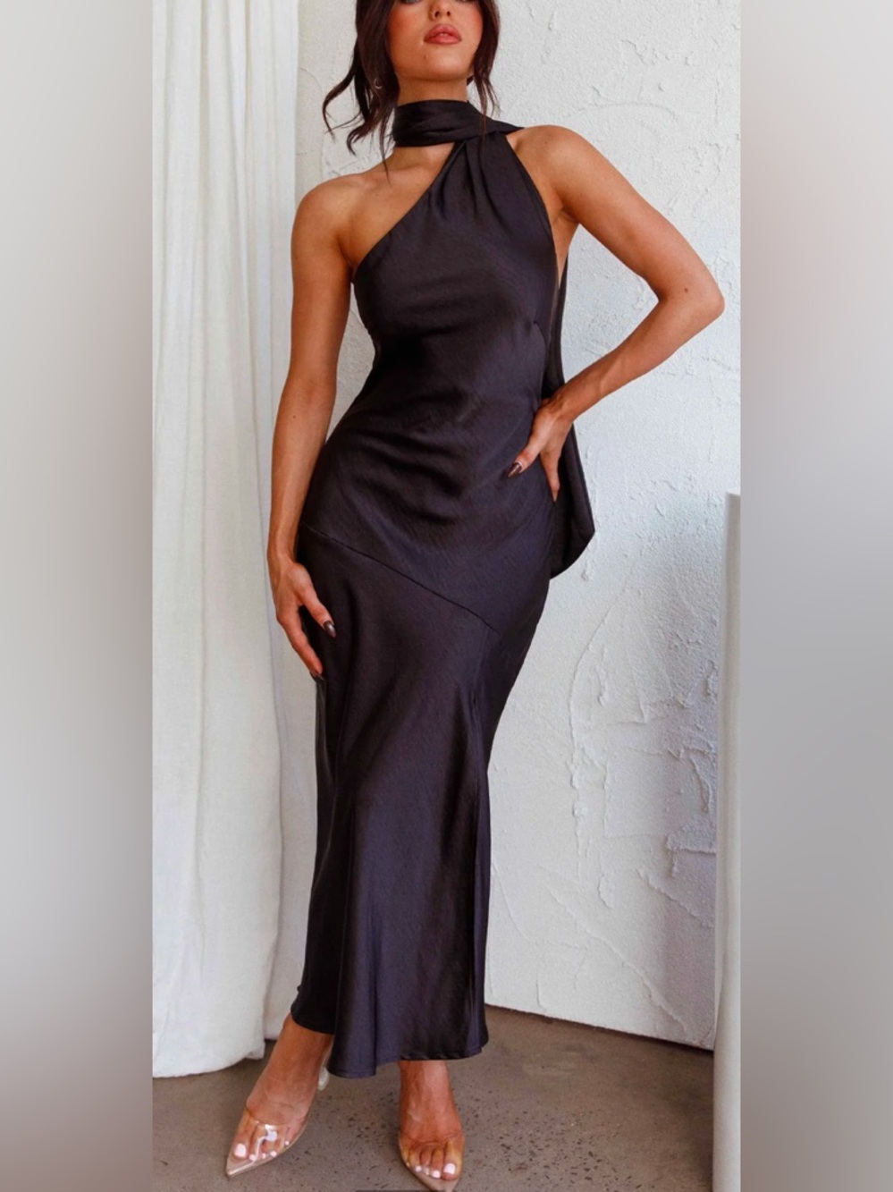 SOLD OUT Selfie Leslie Black Italian Summer Tie Neck Midi/Maxi Dress Black - Picture 2 of 10